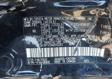 2019 Toyota Rav4 Le из США, поврежденный, VIN 2T3H1RFV7KW049282